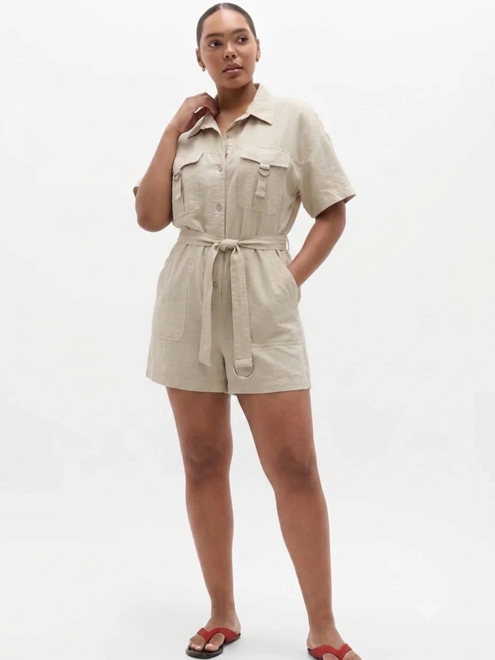Zara Linen Blend Button Down Shirt Romper Size Large Cargo Pocket Utility Belted